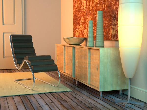 Modern living room with standing lamp, recliner, and sideboard